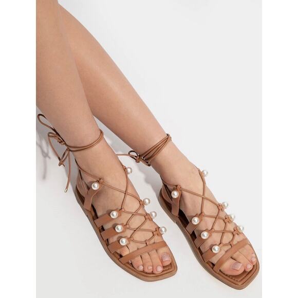 Stuart Weitzman Goldie Lace Up Pearly Leather Ankle-Tie Flat Sandals Tan Size 8 - Picture 3 of 13